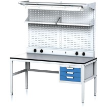Nastaviteľný dielenský stôl MECHANIC II, perfopanel, police, zásuvky, osvetlenie, 3 zásuvkový box na náradie, 1600x700x745-985 mm, sivá/modrá