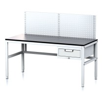 Nastaviteľný dielenský stôl MECHANIC II s perfopanelom, 1 zásuvkový box na náradie, 1600x700x745-985 mm