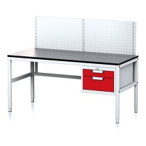 Nastaviteľný dielenský stôl MECHANIC II s perfopanelom, 2 zásuvkový box na náradie, 1600x700x745-985 mm, sivá/červená
