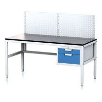 Nastaviteľný dielenský stôl MECHANIC II, s perfopanelom, 2 zásuvkový box na náradie, 1600x700x745-985 mm, sivá/modrá