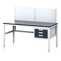 Nastaviteľný dielenský stôl MECHANIC II s perfopanelom, 3 zásuvkový box na náradie, 1600x700x745-985 mm, sivá/antracit