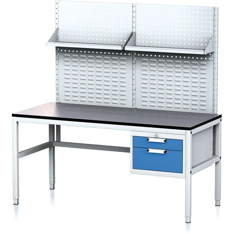 Nastaviteľný dielenský stôl MECHANIC II s perfopanelom a policami, 2 zásuvkový box na náradie, 1600x700x745-985 mm, sivá/modrá