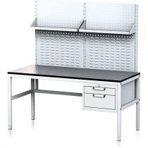 Nastaviteľný dielenský stôl MECHANIC II s perfopanelom a policami, 2 zásuvkový box na náradie, 1600x700x745-985 mm, sivá/sivá