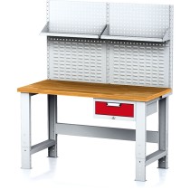Nastavitelný dílenský stůl MECHANIC I , závěsný box na nářadí, nástavba, police, 1 zásuvka, 1500x700x700-1055 mm, červené