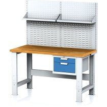 Nastavitelný dílenský stůl MECHANIC I , závěsný box na nářadí, nástavba, police,2 zásuvky, 1500x700x700-1055 mm, modré