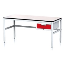 Nastavitelný dílenský stůl MECHANIC II,  1 zásuvkový box na nářadí, 1600x700x745-985 mm, šedá/červená