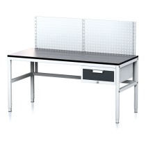 Nastavitelný dílenský stůl MECHANIC II s perfopanelem, 1 zásuvkový box na nářadí, 1600x700x745-985 mm, šedá/antracit