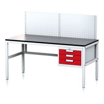 Nastavitelný dílenský stůl MECHANIC II s perfopanelem, 3 zásuvkový box na nářadí, 1600x700x745-985 mm, šedá/červená
