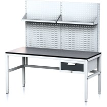Nastavitelný dílenský stůl MECHANIC II s perfopanelem a policemi, 1 zásuvkový box na nářadí, 1600x700x745-985 mm, šedá/antracit