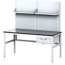 Nastavitelný dílenský stůl MECHANIC II s perfopanelem a policemi, 1 zásuvkový box na nářadí, 1600x700x745-985 mm, šedá/šedá