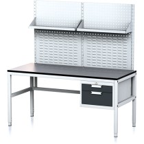 Nastavitelný dílenský stůl MECHANIC II s perfopanelem a policemi, 2 zásuvkový box na nářadí, 1600x700x745-985 mm,šedá/antracit