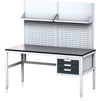Nastavitelný dílenský stůl MECHANIC II s perfopanelem a policemi, 3 zásuvkový box na nářadí, 1600x700x745-985 mm, šedá/antracit