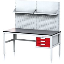 Nastavitelný dílenský stůl MECHANIC II s perfopanelem a policemi, 3 zásuvkový box na nářadí, 1600x700x745-985 mm, šedá/červená