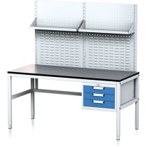 Nastavitelný dílenský stůl MECHANIC II s perfopanelem a policemi, 3 zásuvkový box na nářadí, 1600x700x745-985 mm, šedá/modrá