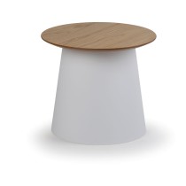 Plastikowy stolik kawowy SETA z drewnianym blatem, średnica 490 mm, biały