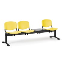 Plastová lavice do čekáren ISO, 3-sedák, se stolkem, žlutá, černé nohy