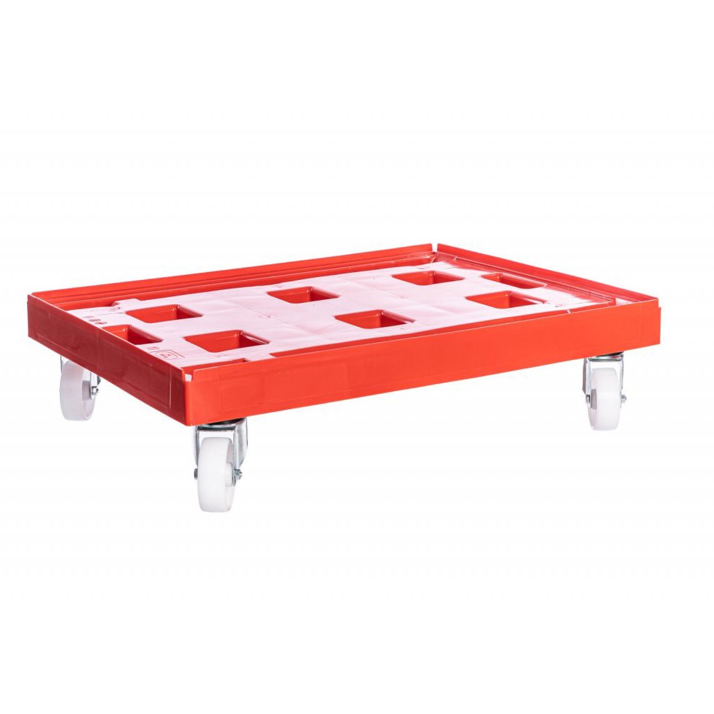 Plastový vozík XL na přepravky 800x600 mm, 500 kg, POR kola, červená