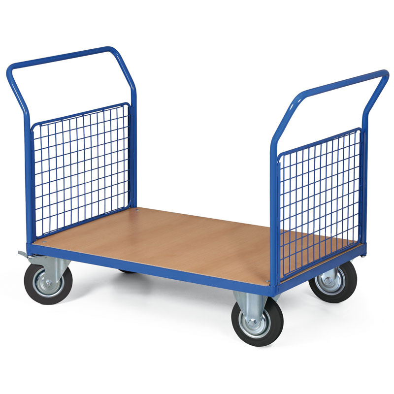 Plattformwagen mit 2 Gitterwänden, 1000 x 700 mm, Tragfähigkeit 200 kg, Rollen 125 mm, schwarzer Gummi