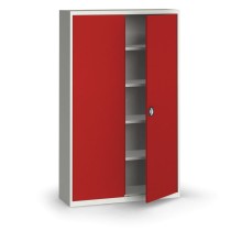 Plechová policová skříň na nářadí KOVONA, 1950 x 1200 x 400 mm, 4 police, šedá/červená