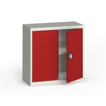 Plechová policová skriňa na náradie KOVONA, 800 x 800 x 400 mm, 1 polica, sivá/červená