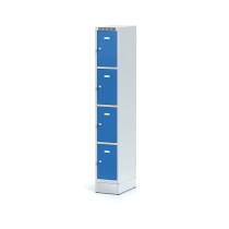Plechová šatní skříňka na soklu s úložnými boxy, 4 boxy, modré dveře, cylindrický zámek