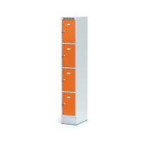 Plechová šatní skříňka na soklu s úložnými boxy, 4 boxy, oranžové dveře, otočný zámek