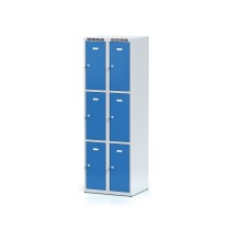 Plechová šatní skříňka s úložnými boxy, 6 boxů, modré dveře, otočný zámek