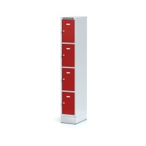 Plechová šatníková skrinka na sokli s úložnými boxami, 4 boxy, červené dvere, otočný zámok