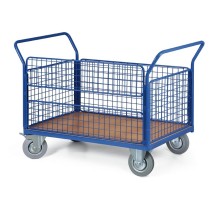 Plošinový vozík s drátěnými výplněmi, 1000x700 mm, nosnost 200 kg, kola 125 mm s šedou pryží