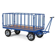 Plošinový vozík s ojí, mřížové bočnice, 1000x2000 mm, 600 kg, dušová kola