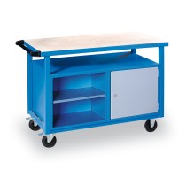 Pojazdný pracovný stôl do dielne GÜDE Basic, smrek + buková preglejka, 1 skrinka, 1 polica, 1190 x 600 x 850 mm, modrá