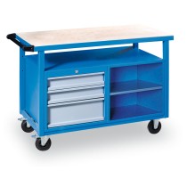 Pojazdný pracovný stôl do dielne GÜDE Basic, smrek + buková preglejka, 3 zásuvky, 1 polica, 1190 x 600 x 850 mm, modrá