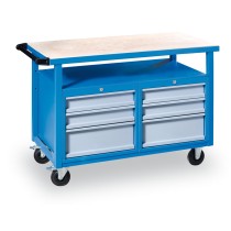 Pojazdný pracovný stôl do dielne GÜDE Basic, smrek + buková preglejka, 6 zásuviek, 1190 x 600 x 850 mm, modrá