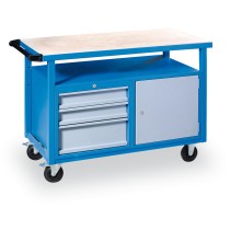 Pojízdný pracovní stůl do dílny GÜDE Basic, smrk + buková překližka, 3 zásuvky, 1 skříňka, 1190 x 600 x 850 mm, modrá