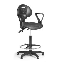 Pracovná stolička PUR s podpierkami rúk, asynchrónna mechanika, klzáky, čierná