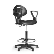 Pracovná stolička PUR s podpierkami rúk, permanentný kontakt, klzáky, čierná