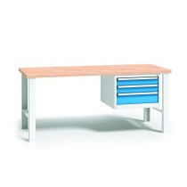 Pracovný stôl do dielne WL so závesným boxom na náradie, buková škárovka, 3 zásuvky, pevné kovové nohy, 1500 mm