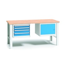 Profesionálny dielenský stôl s drevenou pracovnou doskou, 1700x685x840-1050 mm, 1x 4 zásuvkový kontajner, 1x skrinka