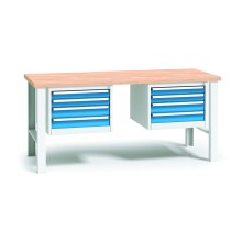 Profesionálny dielenský stôl s drevenou pracovnou doskou, 2000x685x840-1050 mm, 2x 4 zásuvkový kontajner