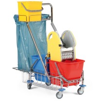 Profesionalny dvojvedrový upratovací vozík s držiakom na odpadkové vrecia