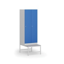 Šatní skříňka s lavičkou, 2 oddíly, 1875 x 600 x 500/800 mm, cylindrický zámek, modré dveře