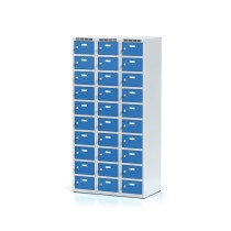 Šatní skříňka s úložnými boxy, 30 boxů, modré dveře, otočný zámek