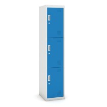 Šatní skříňka s úložnými boxy, trojdveřová, cylindrický zámek, 1800 x 380 x 450 mm, šedá/modrá
