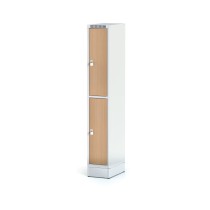 Šatníková skrinka na sokli s úložnými boxami, 2 boxy 300 mm, laminované dvere buk, otočný zámok