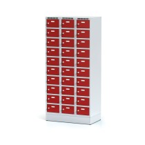 Šatníková skrinka na sokli s úložnými boxami, 30 boxov, červené dvere, otočný zámok
