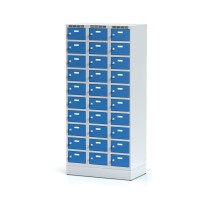 Šatníková skrinka na sokli s úložnými boxami, 30 boxov, modré dvere, otočný zámok