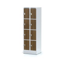 Šatníková skrinka na sokli s úložnými boxami, 8 boxov 300 mm, laminované dvere orech, otočný zámok