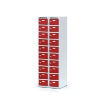 Šatníková skrinka s úložnými boxami, 20 boxov, červené dvere, cylindrický zámok