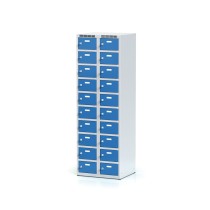 Šatníková skrinka s úložnými boxami, 20 boxov, modré dvere, otočný zámok