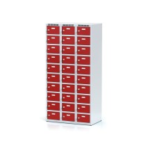 Šatníková skrinka s úložnými boxami, 30 boxov, červené dvere, otočný zámok